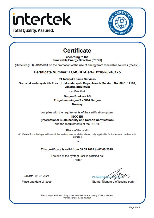 Bergen Bunkers Wins ISCC Certification for Biofuel Trading
