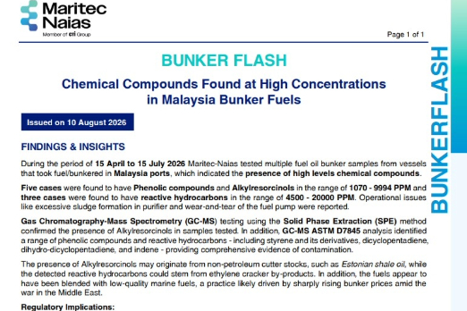 Maritec-Naias Finds High Chemical Compounds in Malaysia Bunker Fuels