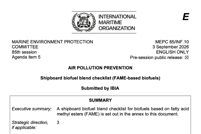 IBIA Biofuel Blend Checklist Issued as IMO Document Ahead of MEPC 85