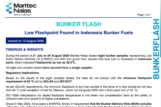 Eight Bunker Fuel Samples Tested in Indonesia Show Low Flashpoints: Maritec-Naias