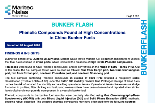 High Phenolic Compound Levels Found in Bunkers From Chinese Ports: Maritec-Naias